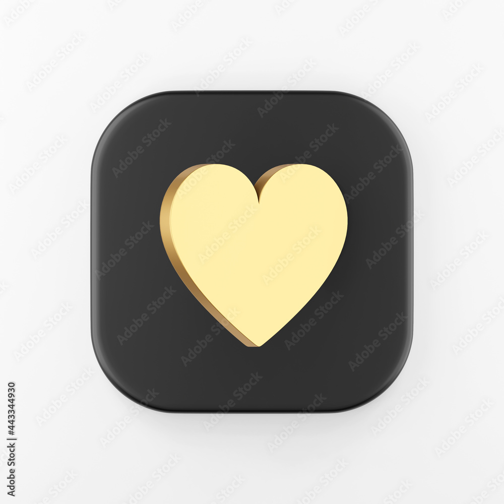 Poster gold flat heart icon. 3d rendering black square key button, interface ui ux element.