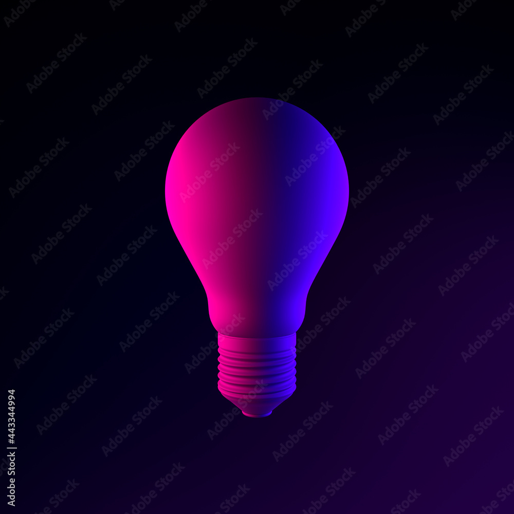 Poster neon realistic light bulb icon. 3d rendering ui ux interface element. dark glowing symbol.