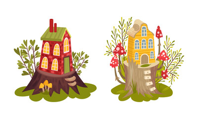Little Fairy House Rested on Tree Stump with Flora and Foliage Vector Set
