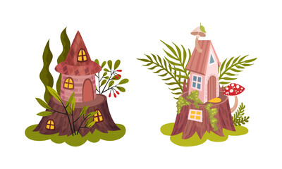 Little Fairy House Rested on Tree Stump with Flora and Foliage Vector Set