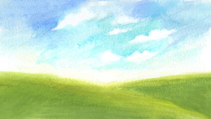 Fototapeta na wymiar abstract landscape watercolor painting with blue sky and green grass. hand drawn illustration