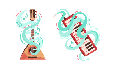 Fototapeta premium Musical Instruments with Keyboard and Balalaika Twisted with Decorative Swirling Line and Note Vector Set