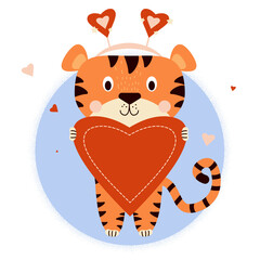 Valentine postcard with cute tiger. The beast stands with a big red heart. 2022 - Year of the Tiger in Chinese or oriental. Vector illustration for childrens collection, postcards, decor and prints