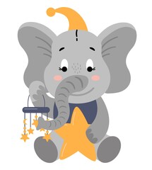 Cute hand-drawn elephant with stars. Vector illustration. White background, isolate.