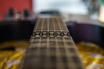 six string electric guitar close up and chord with low light and blur background
