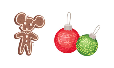 Festive New Year and Christmas Attribute with Gingerbread Cookie and Baubles Vector Set