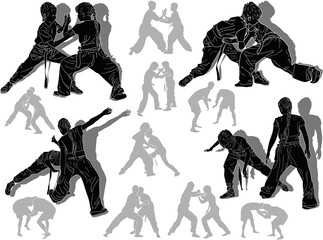Fototapeta na wymiar hand-to-hand fighters grey and black silhouettes set