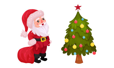 Festive New Year and Christmas Attribute with Santa Claus and Decorated Fir Tree Vector Set