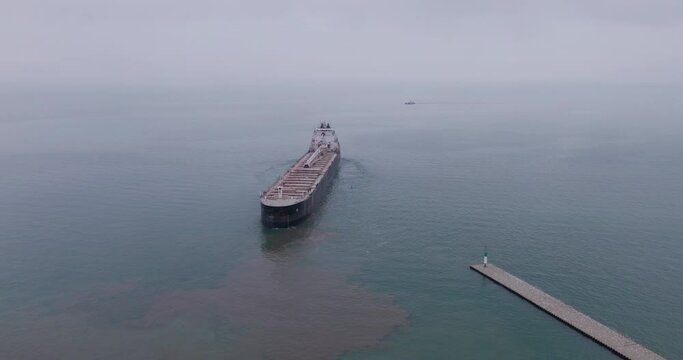Gravel Ship Of Sam Laud Sailing At The Calm Water Of Lake Erie In Ontario, Canada. aerial