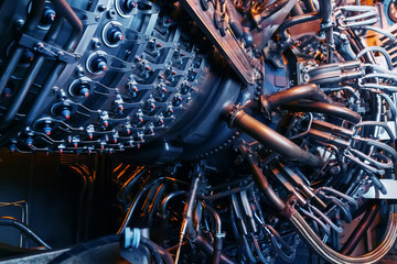 Parts of the operational gas turbine engine of a jet aircraft
