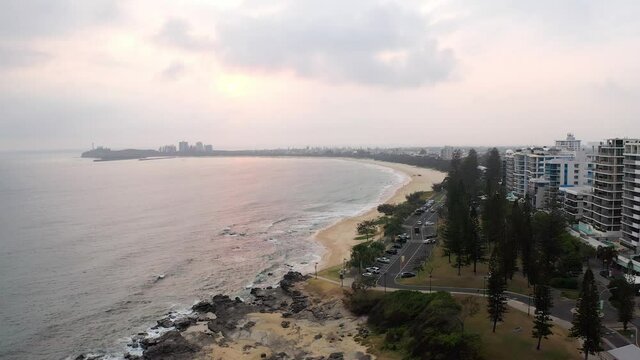 Beautiful Aerial View OF Mooloolaba Beach In Sunshine Coast CBD, QLD Australia - drone shot
