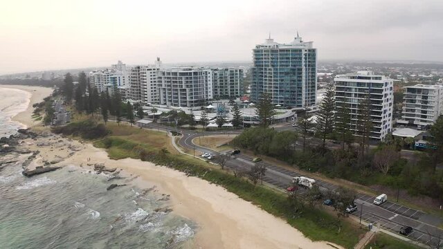 Bird's Eye View Of Mooloolaba Beach, Sunshine Coast CBD In Queensland, Australia - aerial drone shot