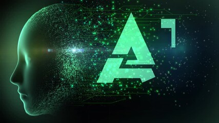 High quality animated graphical concept design depicting emerging Articial Intelligence technology with firing neurons in circuitry and flowing particles from AI Brain, in teal color scheme