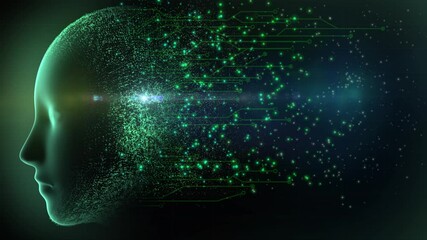 High quality animated graphical concept design depicting emerging technology with firing neurons in circuitry, and flowing particles from AI brain, with space for you own text, in teal color scheme