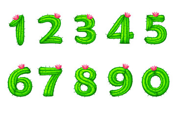 Cartoon cactus with flower font kids numbers for school ui.