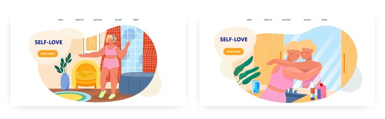 Self-love landing page design, website banner vector template. Happy plus size woman dancing. Self esteem, body positive