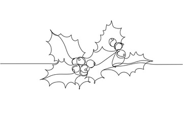 Continuous one line of european holly ilex aquifolium leaves and fruit christmas style in silhouette on a white background. Linear stylized.Minimalist.