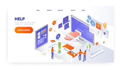 Help landing page design, website banner vector template. Technical assistance, customer support, computer service.