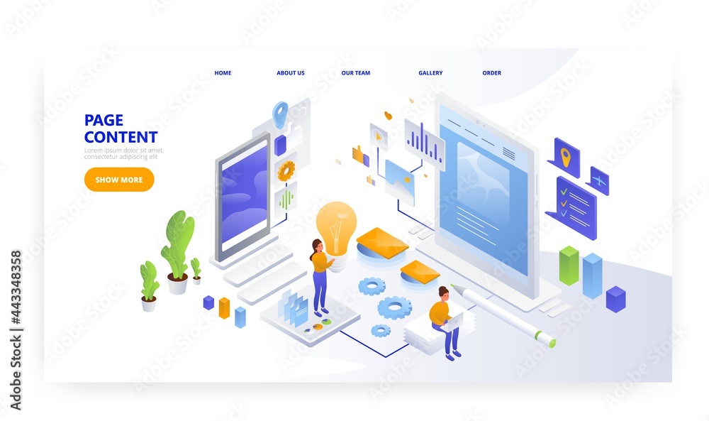 Wall mural page content. landing page design, website banner vector template. people creating website content.