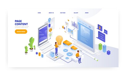 Page content. Landing page design, website banner vector template. People creating website content.