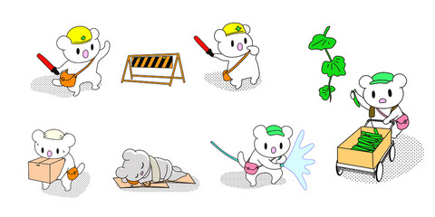 Fototapeta premium 働くかわいいキャラクターたち（工事、きゅうり農家、運搬）