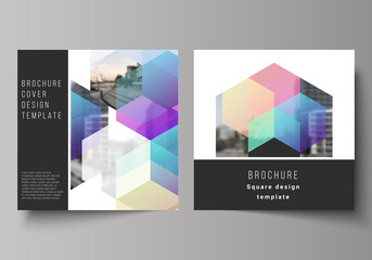 Vector layout of two square format covers design templates with colorful hexagons, geometric shapes, tech background for brochure, flyer, magazine, cover design, book design, brochure cover.