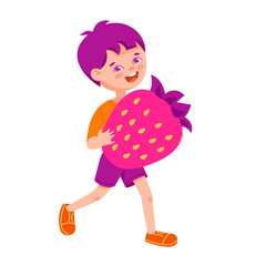 Little boy with strawberries. Vector illustration in flat cartoon style.