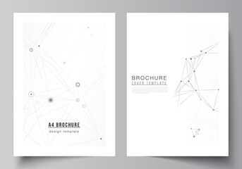 Vector layout of A4 cover mockups templates for brochure, flyer layout, booklet, cover design, book design, brochure cover. Gray technology background with connecting lines and dots. Network concept.