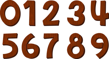 Wooden numbers. Wooden texture letters with numbers zero to nine. Vector work.