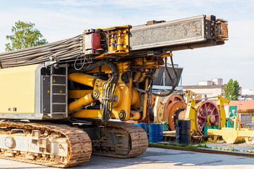 Drilling rig for the installation of bored piles in the transport position. Powerful construction...