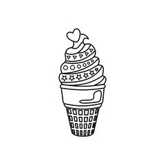 Ice cream in an outline waffle glass. The icon. Vector illustration