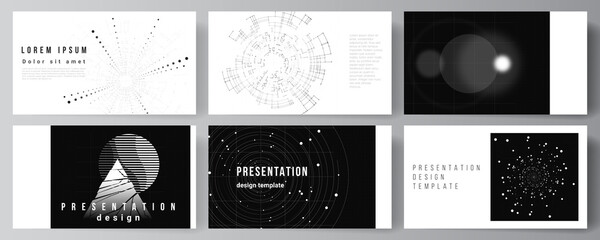 Vector layout of the presentation slides design templates for presentation brochure, brochure cover. Black color technology background. Digital visualization of science, medicine, technology concept.