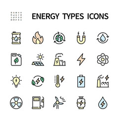 Types of energy vector icons. Color symbols of ecology. Isolated icon collection on white background. Energy symbol vector set.