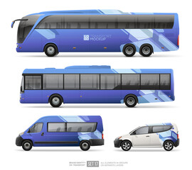 Transport mockup set of coach bus, passenger van, service car with corporate brand identity. Abstract blue stripes geometric graphics for branding design on corporate transport. Vector illustration - obrazy, fototapety, plakaty
