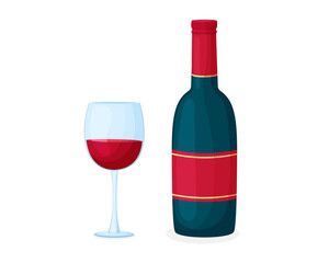Vector illustration of red wine with a glass in cartoon style. The image is isolated on a white background. Alcoholic drink.
