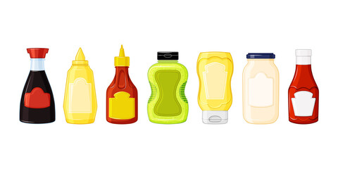 Sauces set. Bottles with ketchup, mayonnaise, wasabi, mustard in the cartoon style. Food icons, mock up plastic squeeze packaging. Vector illustration on an isolated background