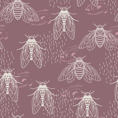 Seamless pattern with flying cicadas and abstract elements. Trending background, linear style, insect silhouettes - fly, butterfly, cicada, bee. Fashionable animal print. Vector illustration.