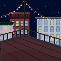 Flat vector illustration of rooftop terrace bar lounge with light bulb garlands at night on the background of city scape with walk-up buildings and skyscrapers.