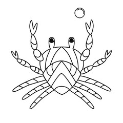 Crab. Cartoon sea character. Coloring book for children. Linear drawing of black color isolated on white background. Vector illustration. Animals of the ocean. Coloring page antistress, relaxation