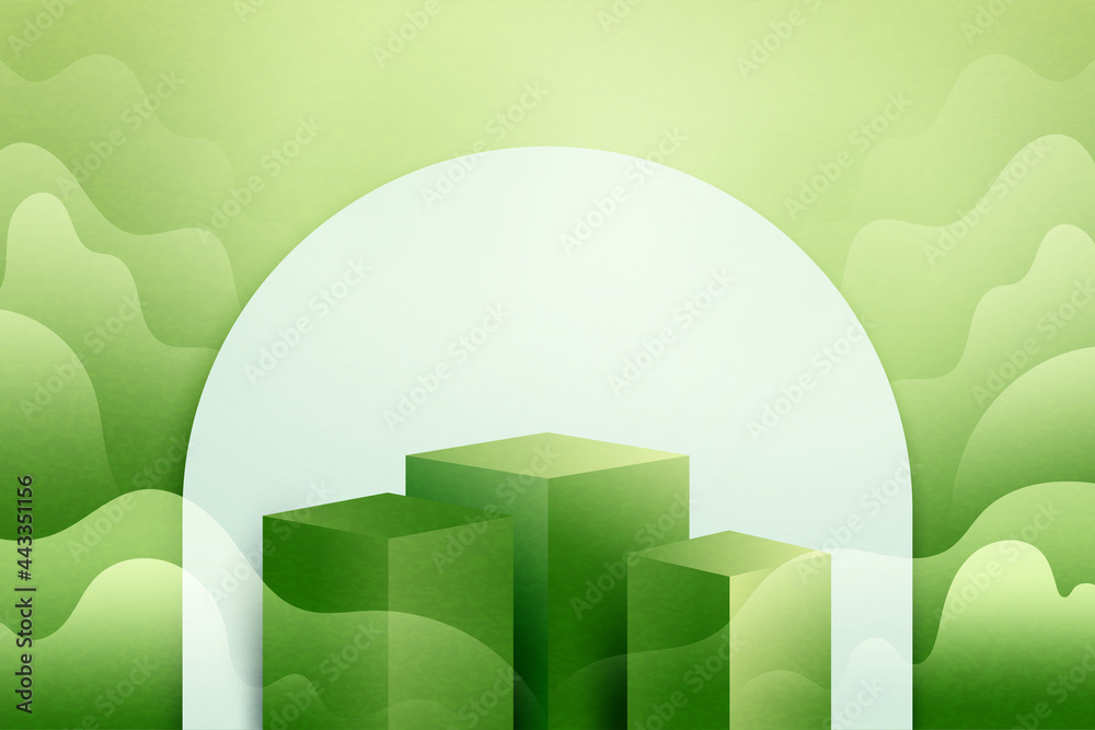 Poster 3d paper cut abstract minimal geometric shape template background.green podium on green nature lands