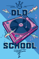 Old school - music design, funky colorful drawn turntable