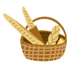 Obraz premium Hand drawn vector illustration of basket filled with assorted bread French baguette, breaded loaf, slice of white bread. Cartoon doodle style isolated on white background.