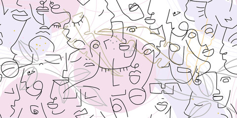 One line drawing. Abstract face seamless pattern.