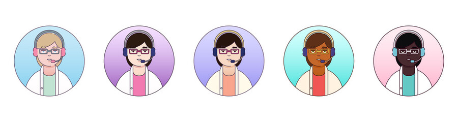 Flat linear vector avatars set women doctor wearing headphone, online aid, telemedicine
