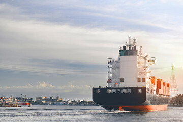 Back view container cargo ship, import export commerce business trade logistic and transportation...