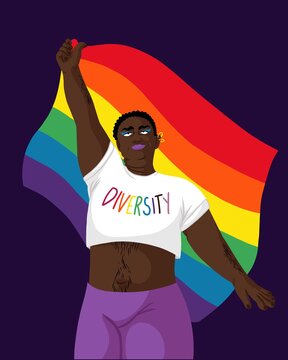 LGBTQIA+ Person with dark hair holding up a Rainbow Pride Flag	