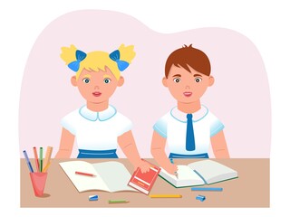 Children and education. Two characters - a boy and a girl - are studying at the table. Preschool age. Teenager. Hipster. Children's work environment during mental activity.