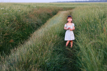 Naklejka na ściany i meble little happy girl near green field
