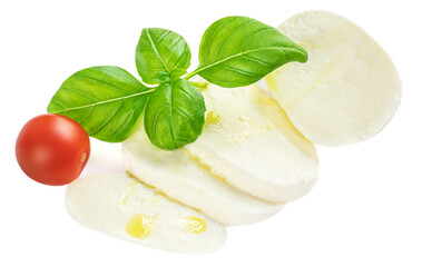 Mozzarella cheese with basil and tomatoe isolated on white background. Slices of Mozzarella .
