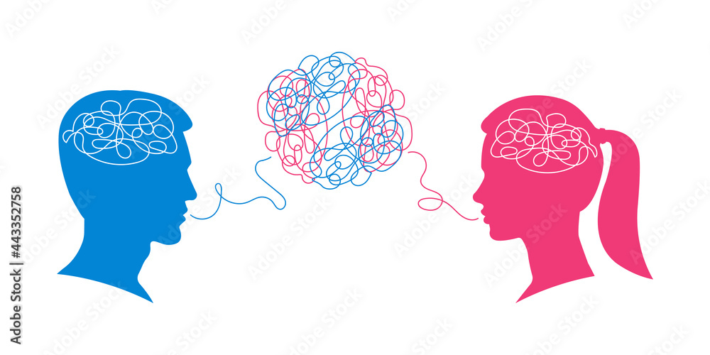 Wall mural Man and woman dialogue with confused thoughts in their brain. Male and female head silhouettes with convoluted mind and speech. Couple communication, relationship concept. Vector illustration.